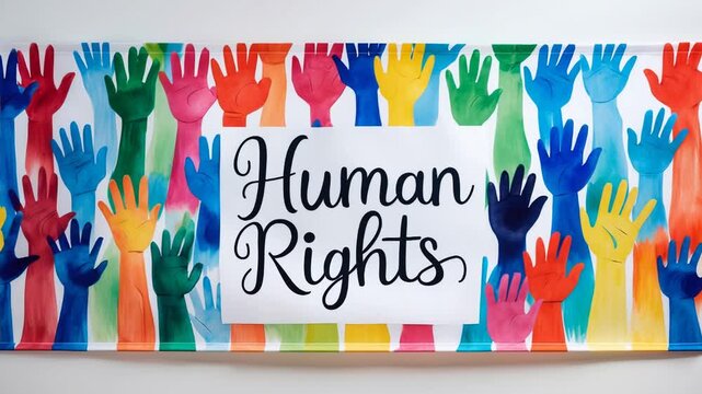 Colorful poster with colored hands of people for the International Human Rights Day AI Generative
