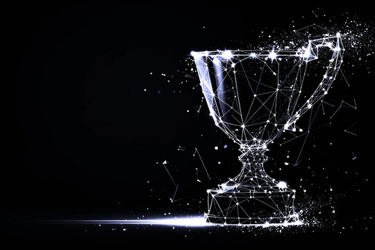 Low poly wireframe trophy cup with glowing particles on black background, winner and success concept with copy space