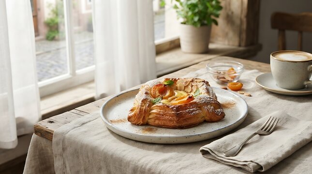 Apricot Danish Pastry with Coffee and Fruit stock