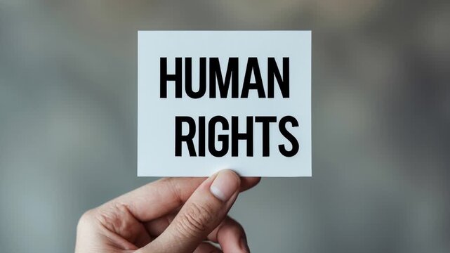 Postcard International Human Rights Day, person holds poster in hand with inscription AI Generative