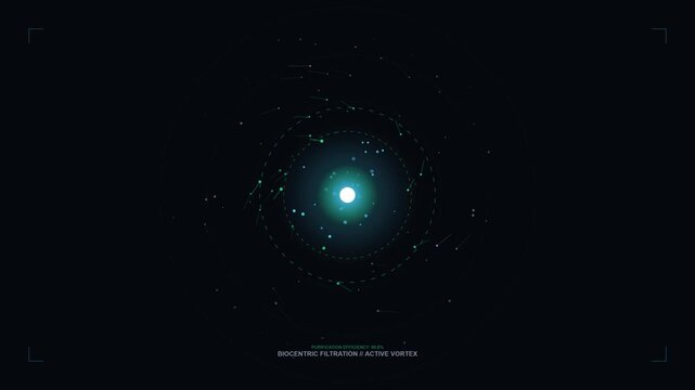 Glowing central orb with blue particles and concentric rings