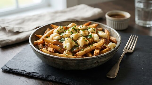 Bowl of Poutine with Cheese Curds and Gravy and Fork