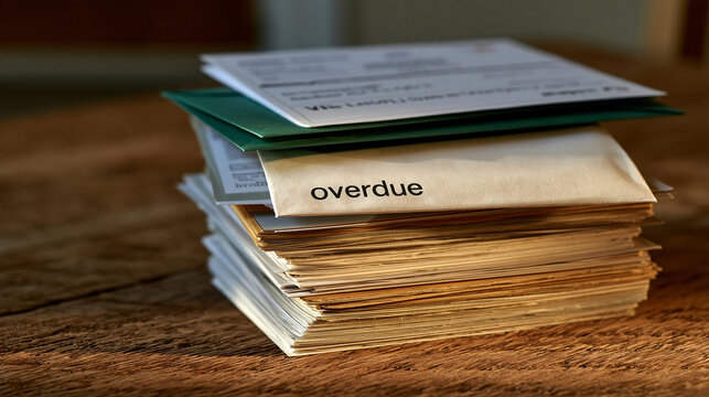 Elegant photo of A large stack of overdue bills and mail sits on a wooden table under soft lighting. Financial debt concept for personal finance editorial.