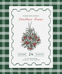 Fototapeta premium Christmas dinner invitation poster with hand drawn mistletoe and red berries illustration in scribble postage stamp style frame and plaid pattern background