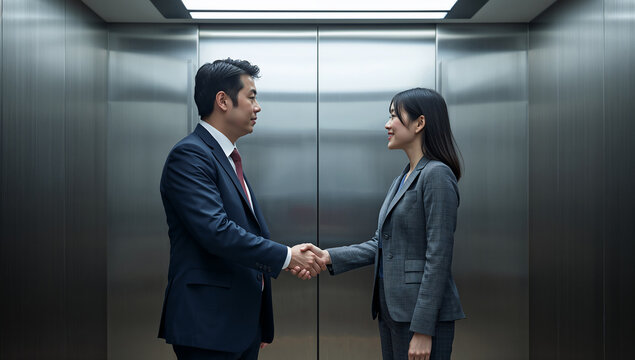エレベーター内で握手するスーツ姿の男女