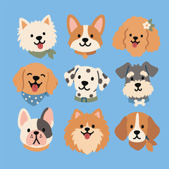 Fototapeta premium Cute Dog Breeds Avatar Faces Set Flat Vector Illustration