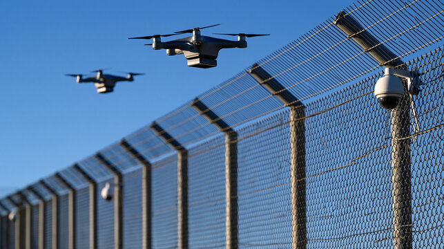 Elegant photo of Two security drones patrol a high-security wire fence equipped with surveillance cameras. Concept of modern border control and security systems.