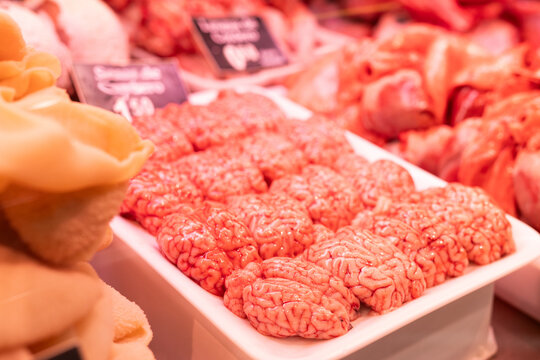 Raw lamb brains on display in meat department of supermarket