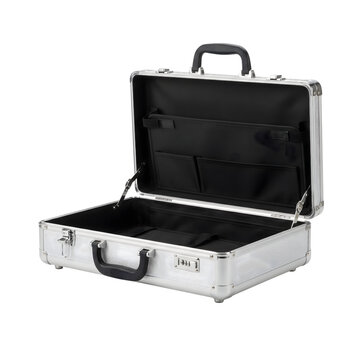 an open silver aluminum briefcase on transparent background