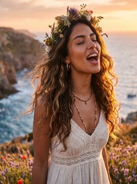 Giovane donna cantante che si esibisce con un microfono durante un concerto dal vivo in un contesto naturale suggestivo