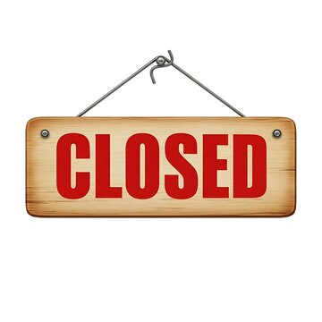 Wooden sign with the word closed hanging on a metal wire isolated on white