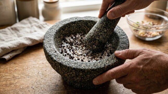 A person using an unplugged stone mortar and pestle to grind peppercorns and coarse salt by hand on a rustic wooden kitchen countertop, capturing a slow living culinary moment