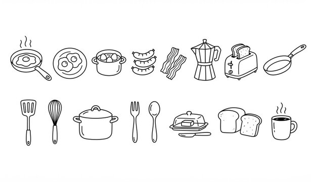 Hand Drawn Breakfast Cooking Doodle Set &ndash; Eggs Coffee Toaster and Kitchen Utensils