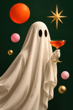 Sheet ghost holding a coupe of orange cocktail, gold star and spheres on a dark ground. Spooky Halloween cocktail party, playful ghost and festive drinks poster