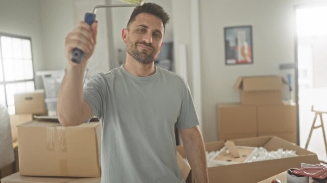 Man holding paint roller and gesturing while smiling amid moving boxes in a studio, unpacking and prepping walls for paint; fresh start contentment.