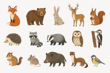 Fototapeta premium Cute woodland animals illustration set on white background