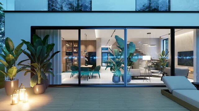 4K pan of a luxury open-concept interior featuring a modern living room, dining area, floating staircase, marble wall, and panoramic glass pool view at dusk.