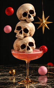 Three skulls stacked in a coupe of pink cocktail on black marble, gold star and glossy spheres. Gothic Halloween cocktail, macabre party drink and spooky bar menu