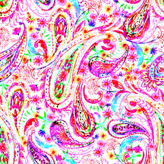 Watercolor marker paisley ornament seamless pattern in pink and purple. Oriental decorative background. Indian motif with abstract florals and curves. Boho design. Vintage textile © katyabogina