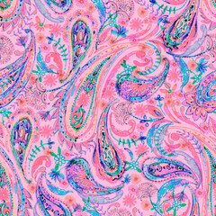 Watercolor marker paisley ornament seamless pattern in pink and purple. Oriental decorative background. Indian motif with abstract florals and curves. Boho design. Vintage textile © katyabogina