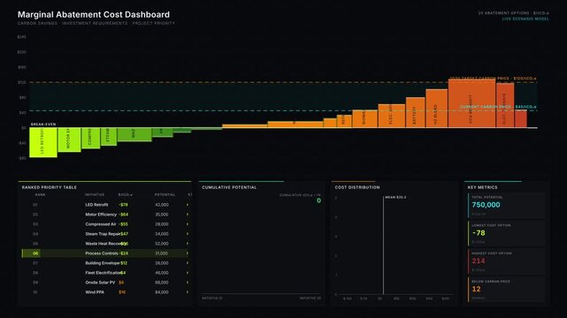 Explore a dynamic Marginal Abatement Cost Dashboard showcasing the MAC curve, investment requirements, and project priority with a sleek dark mode design and animated visuals.