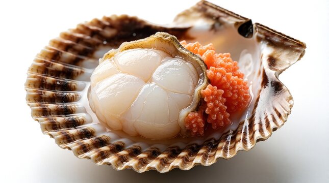 Fresh raw scallop with orange coral inside open seashell. Single seafood ingredient rests on white background. Gourmet mollusk meat provides healthy protein for luxury dining. Tasty marine delicacy