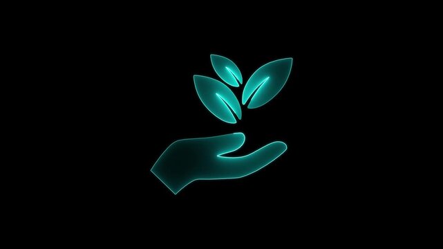 Neon blue hand icon holding three green leaves growing symbol glowing on black background for ecology and sustainability.