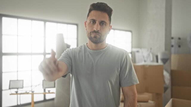 Young man points index finger at camera while surrounded by stacked moving boxes and packing materials in a bright studio space; focus determination.