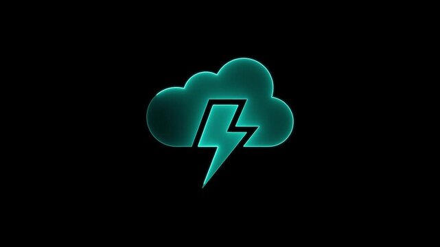 Glowing cyan storm cloud with lightning bolt symbol animates on black background, electric energy motion graphic.