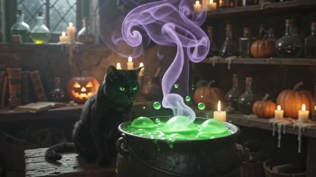 ハロウィンの夜、魔女の大釜で泡立つ緑の魔法薬と立ちのぼる紫の煙、ジャック・オー・ランタンとキャンドルに囲まれた黒猫