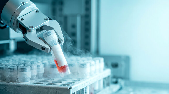 Robotic gripper handling frozen sample vial with cold vapor in laboratory, biobank automation and medical research concept