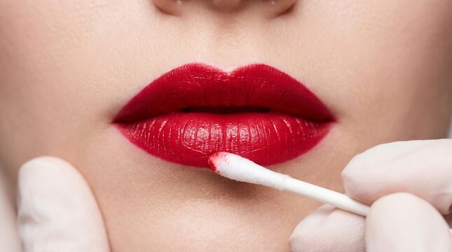 Close-up of red glossy lips with gloved hands applying lip color using cotton swab, permanent makeup and beauty concept