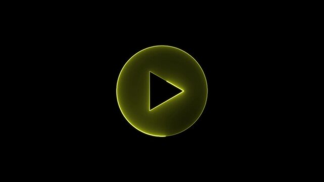 Neon yellow play button glows against black background creating minimalist motion graphic for video media player interface.