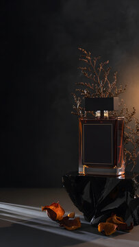 Dark Moody Luxury Autumn Fragrance: Moody autumn fragrance campaign featuring luxury dark amber glass perfume bottle