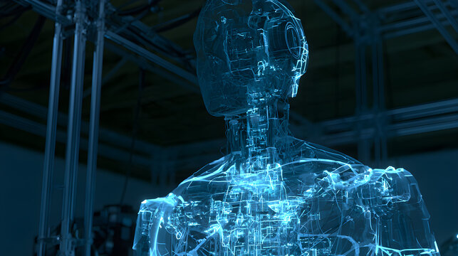 Digital Twin Robot Model Glowing Softly Rendered In A Testing Environment