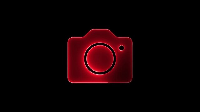 Red glowing digital camera icon pulsing on black background minimalist motion graphic symbol for photography app interface.