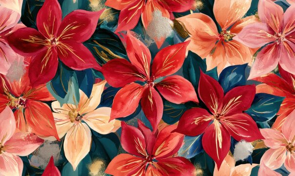 Colorful poinsettia blossoms on dark background