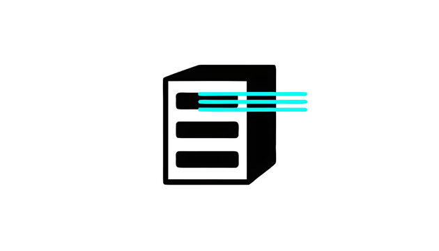 Server rack icon with glowing data lines, 3D isometric illustration of network infrastructure hardware on a plain white background