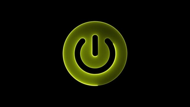 Neon power button icon glowing with vibrant yellow light isolated on black background in a seamless loop animation.