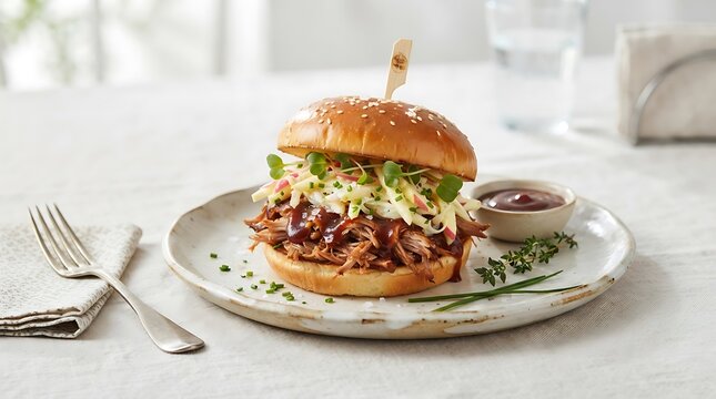 Pulled Pork Sandwich with Coleslaw and BQ Sauce burger bun