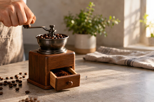 Hand grinds coffee beans in a wooden manual grinder