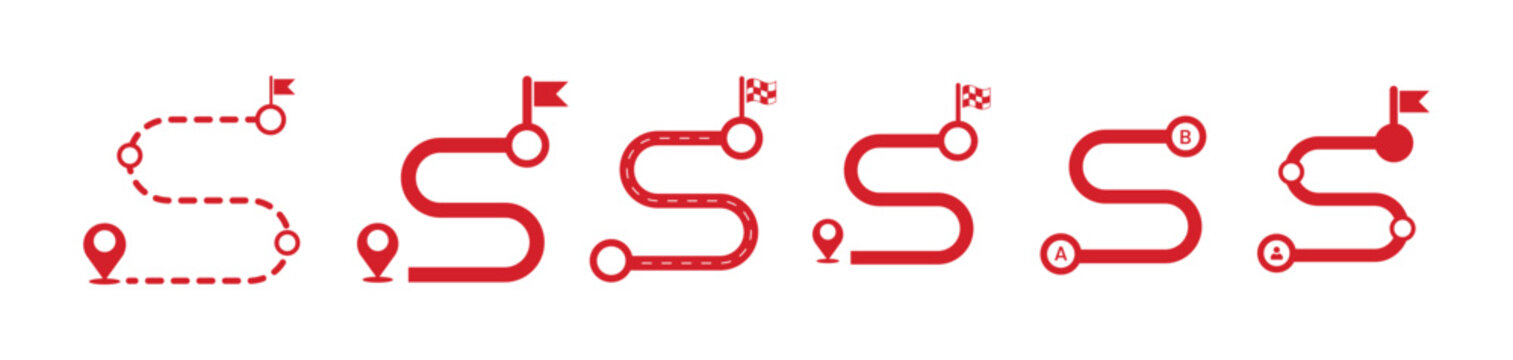 Set of red roadmap map pin location icons with winding path routes representing target progression.