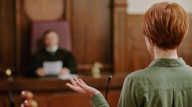 Woman testifying in court before a judge giving evidence in a legal trial for justice and litigation