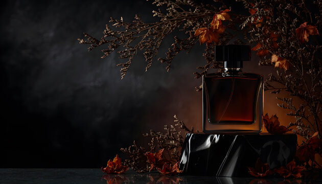 Dark Moody Luxury Autumn Fragrance: Moody autumn fragrance campaign featuring amber glass perfume bottle with dark leaf reflection