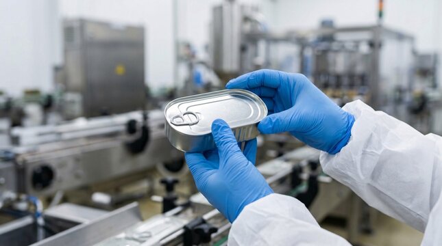 Close-up of a factory worker in a white protective suit and blue gloves holding an oval tin can on a food manufacturing conveyor belt to inspect seal integrity and defects.