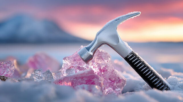 Ice axe frozen in pink crystals on snowy landscape with mountain backdrop at colorful sunrise for winter climbing and alpine adventure imagery