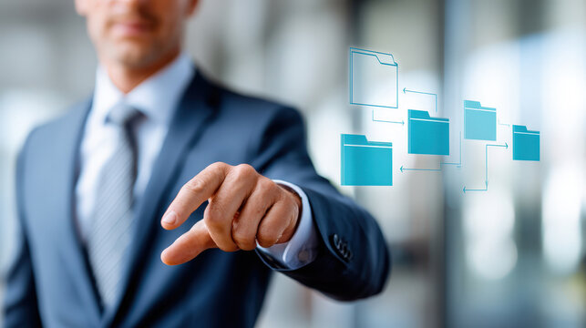 Businessman interacting with floating holographic file folders for data management interface background and touchscreen control banner design for technology