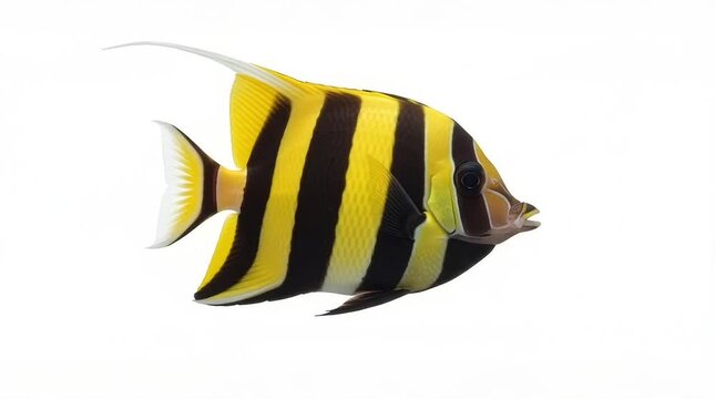 Side profile shot of a vibrant yellow and black striped tropical Moorish Idol fish swimming smoothly across a pure solid white background