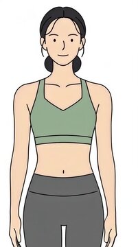 Minimalist 2D digital line-art animation of a fit young woman. The character performs a smooth 360-degree turnaround motion while gracefully stretching her arms and body in a serene yoga pose