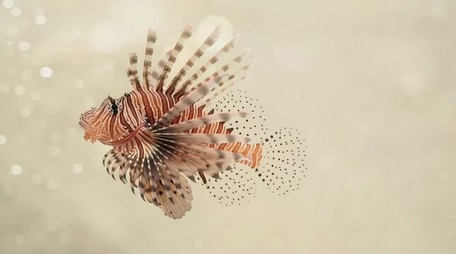 A majestic red lionfish with vivid red and white striped patterns floating gracefully in clear water. Its ornate fan-like pectoral fins and delicate venomous dorsal spines spread wide, swayin
